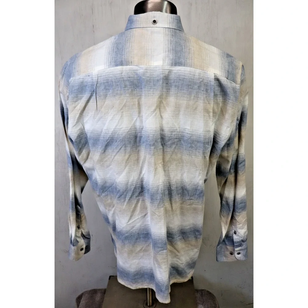 32 Bar Blue Linen Blend Shirt Long Sleeve Button Front Size XL Blue White Brown